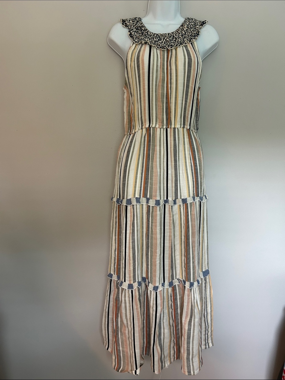 THML Striped Multi-Color Maxi Dress with Ruffle Elastic Neck